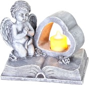 Dekorácia MagicHome, Anjel na knihe so srdcom, LED, polyresin, na hrob, 19x12,5x16,5cm