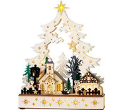 Dekorácia MagicHome Vianoce, dedinka, drevo, 12xLED teplá biela, 25x7.5x32cm, 2xAA