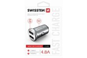 Swissten CL Adaptér do zapaľovača, 2x USB 4,8A power strieborná