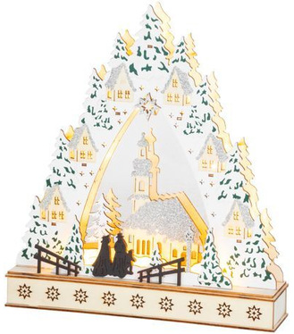 Dekorácia MagicHome Vianoce Dedinka s kostolom LED MDF 30x7x33,5cm 2xAAA