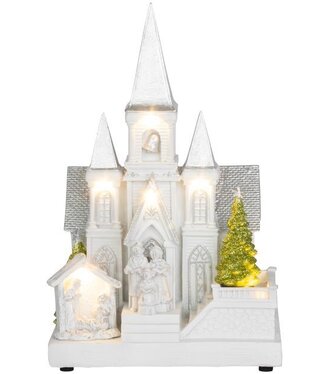 Dekorácia MagicHome Vianoce Kostol s betlehemom 6LED biela 3xAA interiér 17x13x25cm