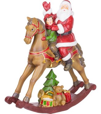 Dekorácia MagicHome Vianoce, Santa s chlapčekom na koni, polyresin, 28x10x30cm