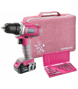 Extol Lady Skrutkovač akumulátorový ružový, 12V Li-ion, 1x akumulátor 1300mAh, 18Nm, 5h nabíjačka, ružový, 402401