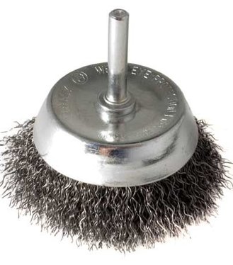 Kartáč hrnčekový so stopkou, vlnitý pomosadzený drôt 0,3mm, 50mm, stopka pr.6mm