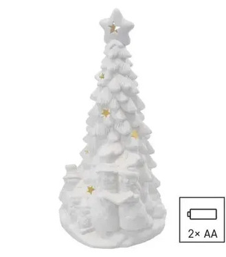 LED stromček so snehuliakmi keramický  33,5cm 2xAA vnútorný teplá biela