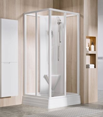Rohový sprchový box posuvný štvordielny ASBRV2 90x90, biela+transparent (4 diely)