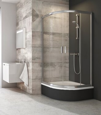 Sprchový kút štvrťkruhový posuvný štvordielny so zníženou výškou BLCP4 Sabina 80x80, satin+grape