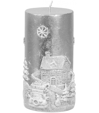 Sviečka MagicHome Vianoce,7x12.5cm,strieborná s krajinkou