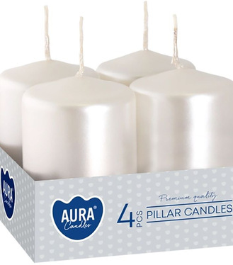 Sviečky AURA, valec, biela perla, 40x60mm, 7h, 55g 4ks